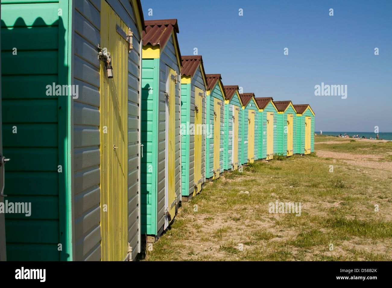 Beach huts on the East Beach in Littlehampton, West Sussex Stock Photo