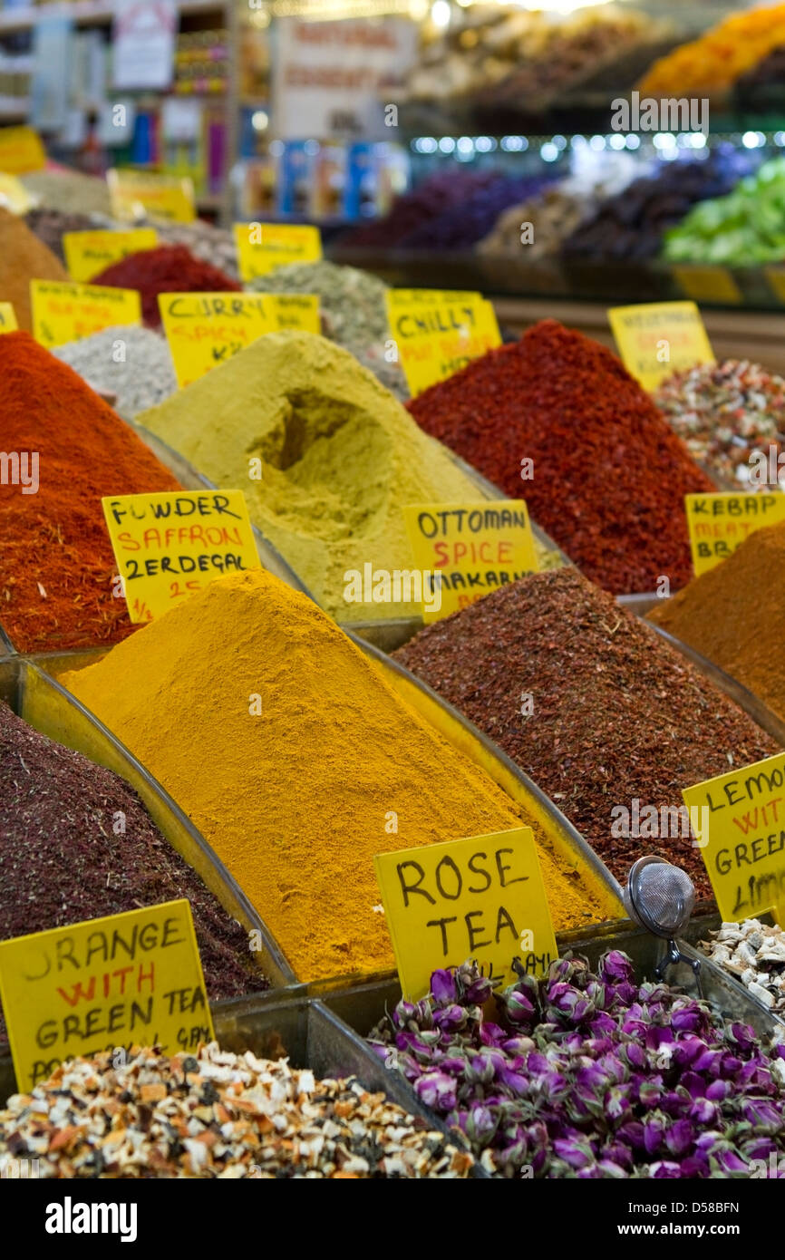 Variety of spices for sale at the Spice Bazaar in Istanbul, Turkey Stock Photo