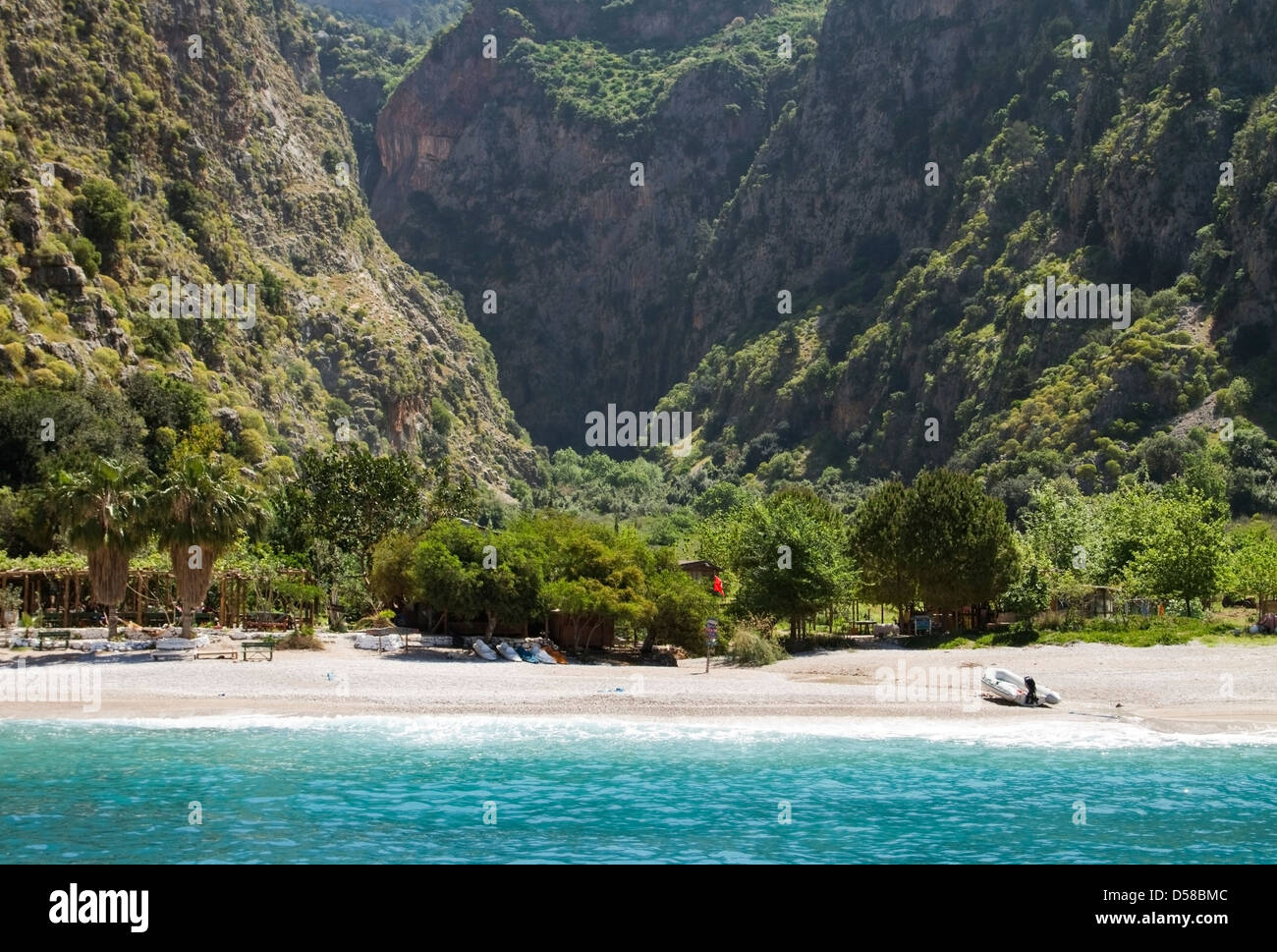 The isolated beach at Butterfly Valley on the turquoise coast, Turkey Stock Photo