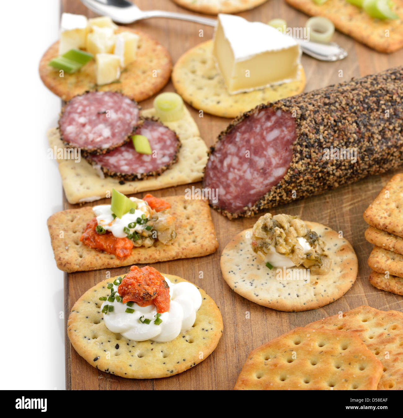 Assorted Crackers With Salami ,Cheese And Dips Stock Photo Alamy