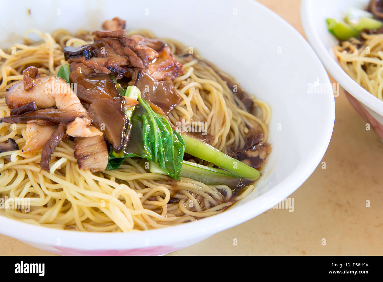 Penang Malaysia Wanton Mee Barbeque Pork Noodle Bowl Closeup Stock Photo