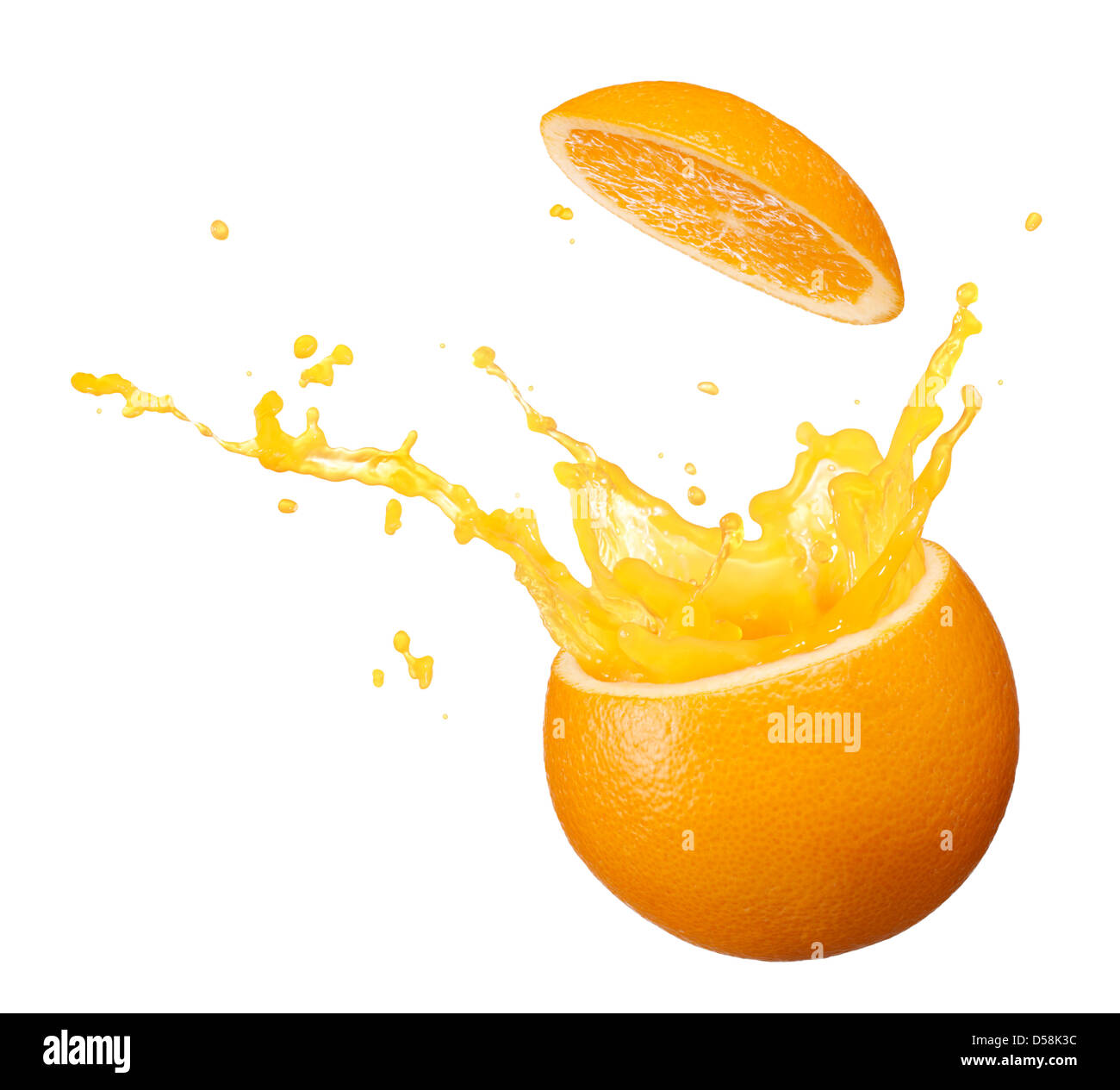 juice splashing out from orange isolated on white background Stock Photo