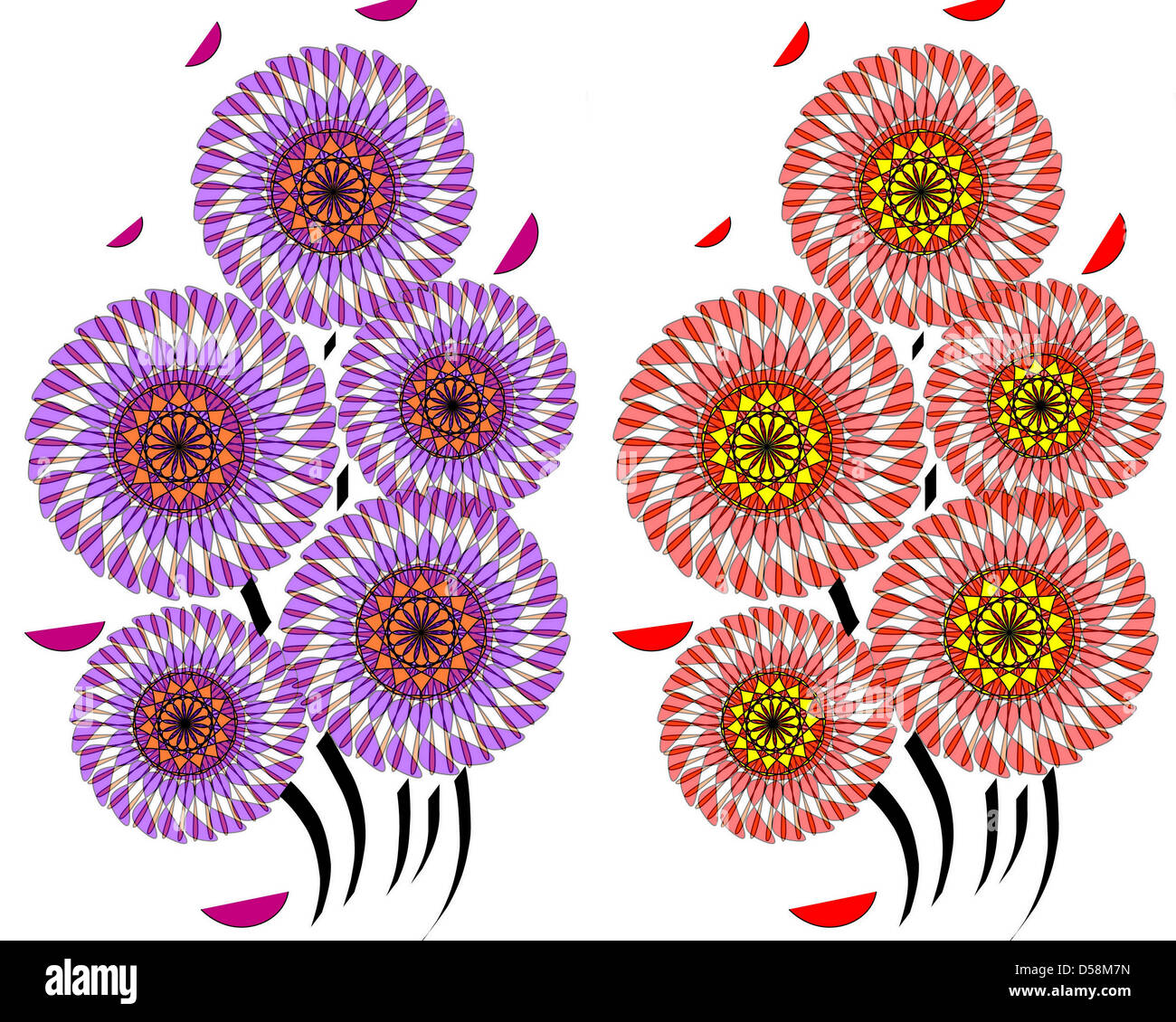 Modern abstract design with three flowers in red and purple with superimposed petals  in two picture illustration ideal for wallpapers and background. Stock Photo