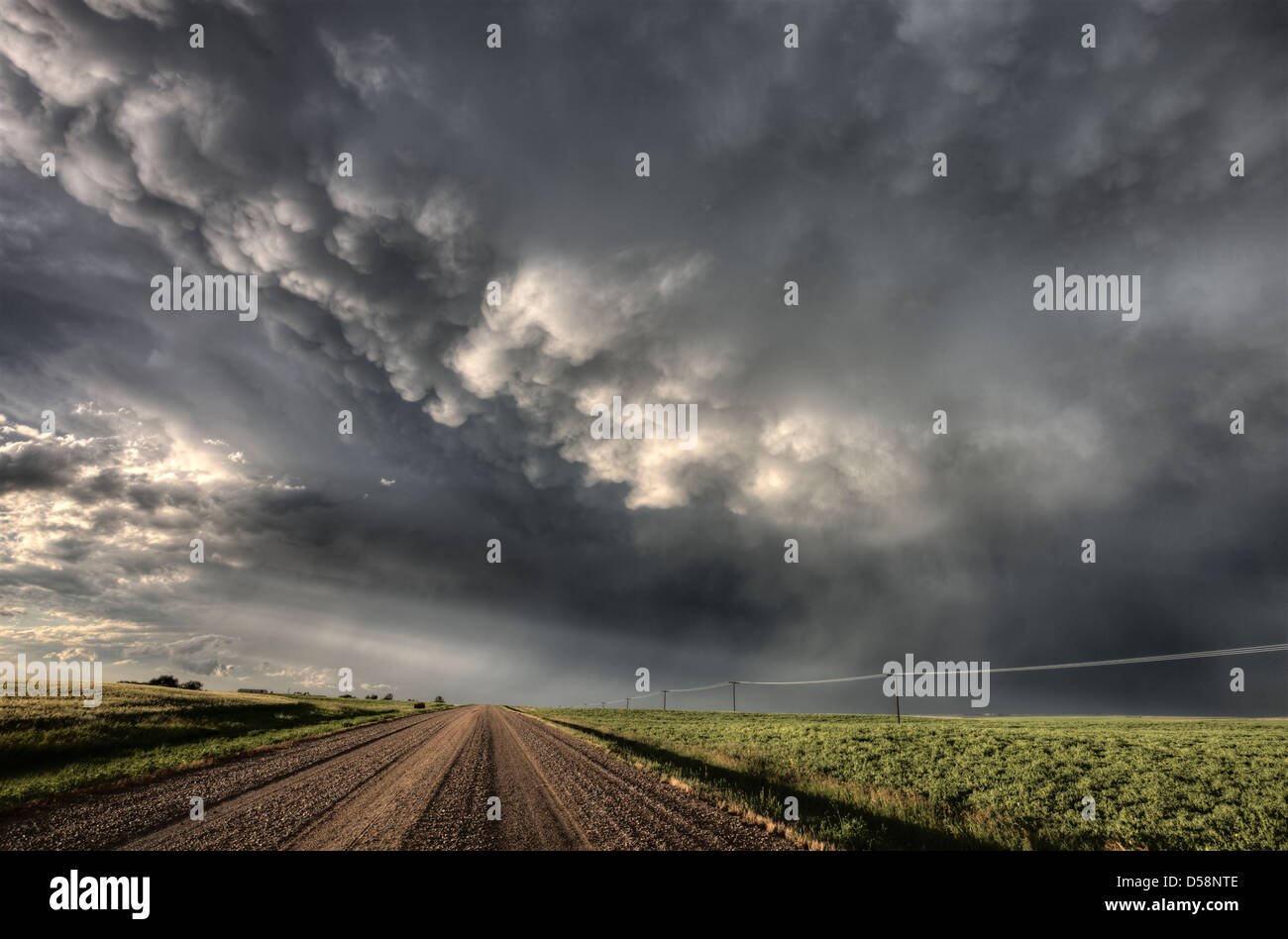 Storm Clouds Saskatchewan billowing clouds and gravel road Stock Photo ...