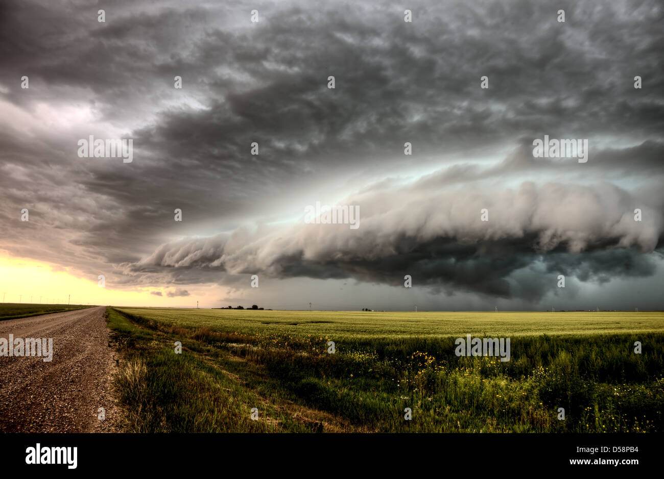Storm Clouds Saskatchewan billowing clouds and gravel road Stock Photo ...