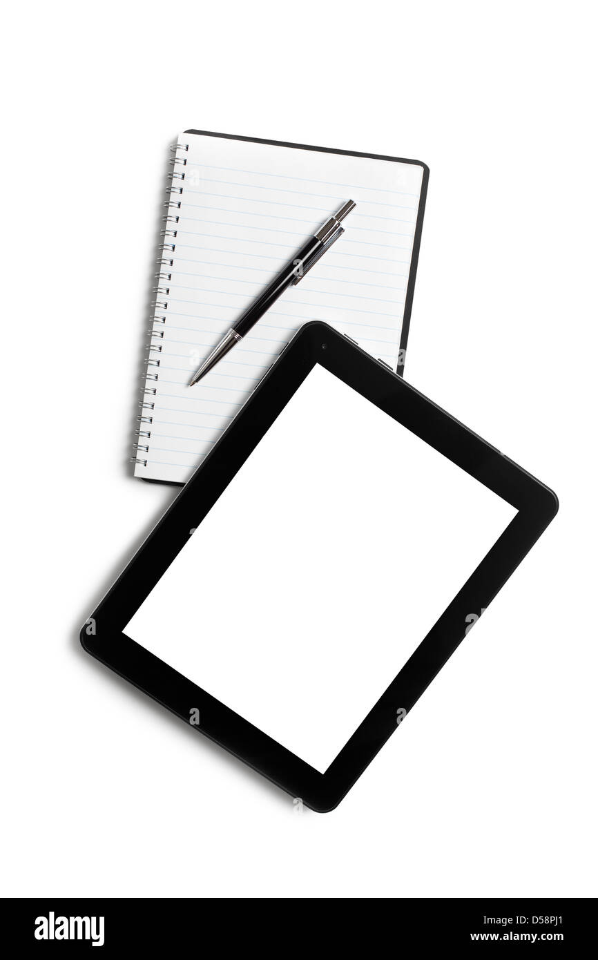 touch tablet and blank notebook on white background Stock Photo