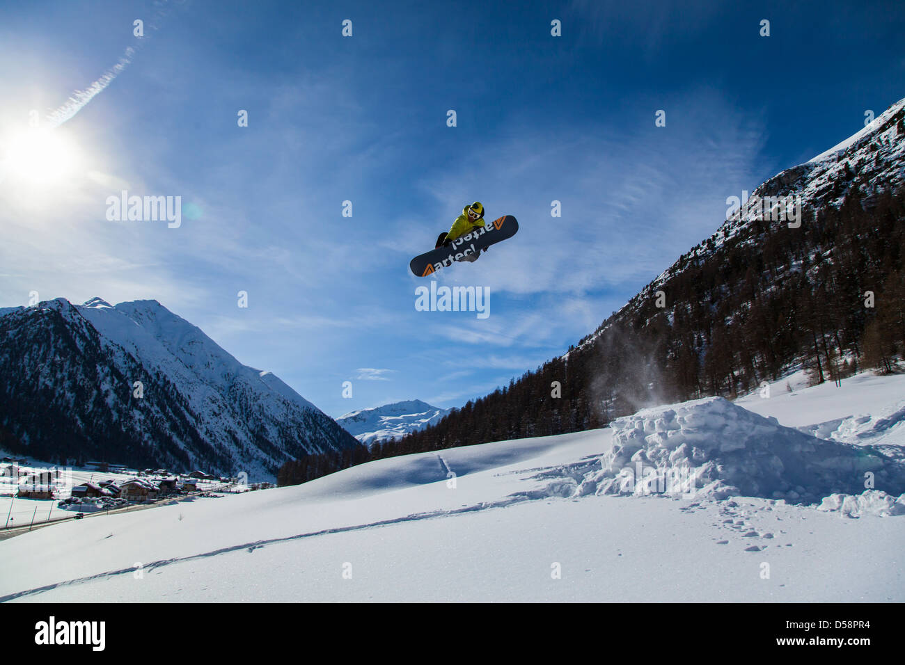 Snowboarding action in Livigno, Italy Stock Photo