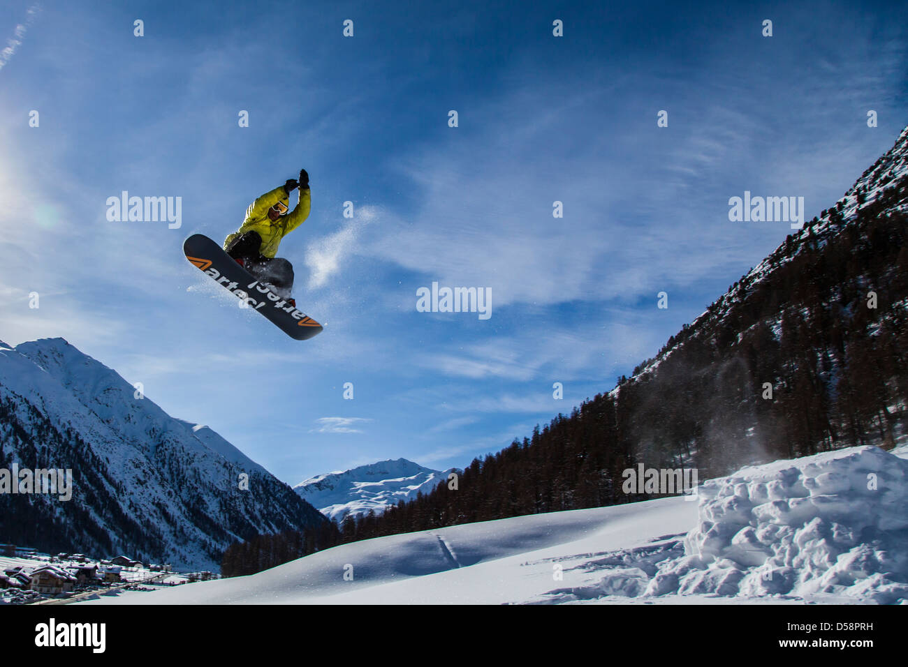 Snowboarding action in Livigno, Italy Stock Photo