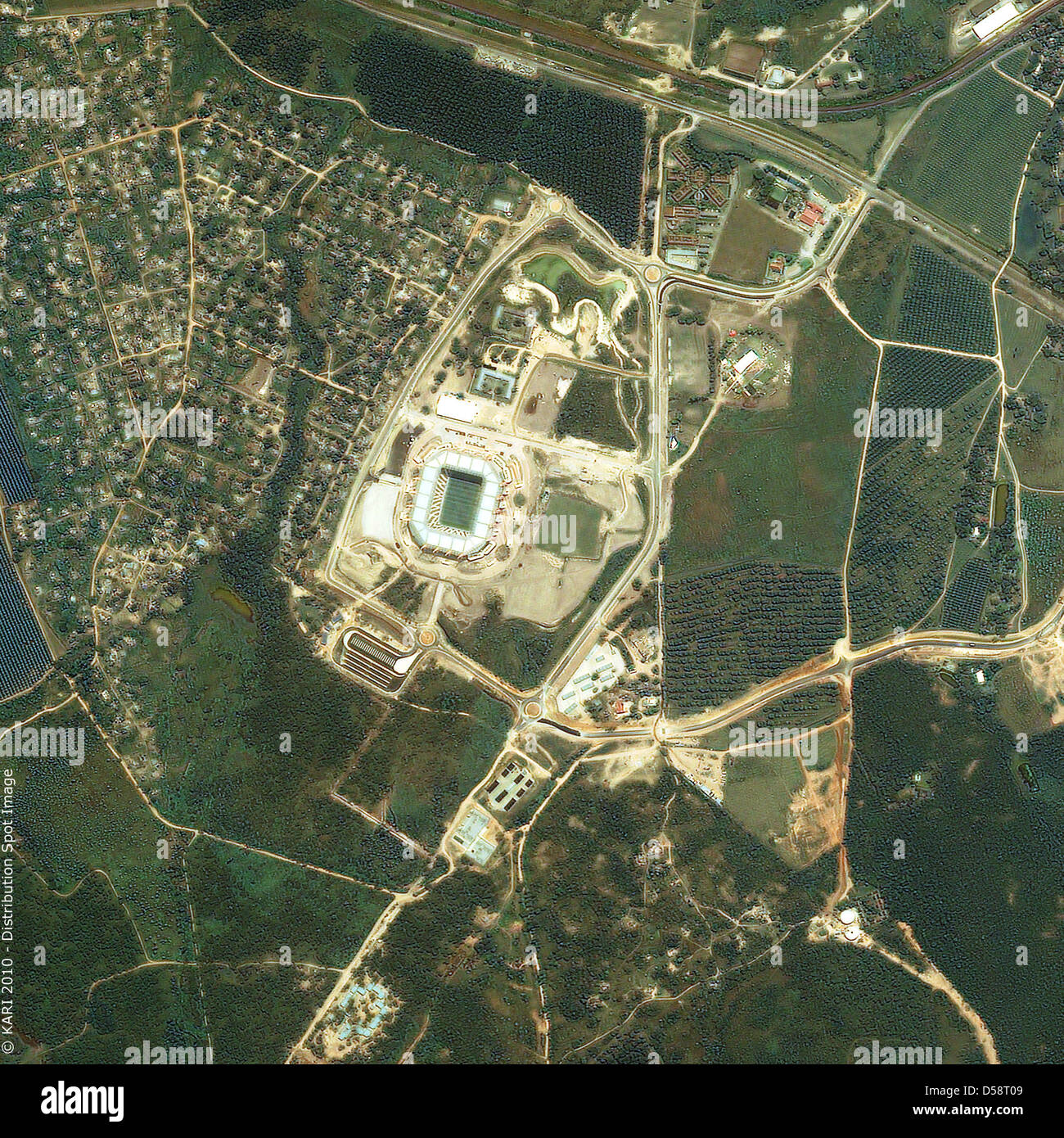 A satellite picture dated April 2010 made by Korean satellite Kompsat-2 built with significant involvement of space company EADS Astrium, from about 700 kilometres height, of the 2010 FIFA World Cup Mbombela Stadium in Nelspruit, South Africa. Newly built Mbombela Stadium will host four group stage matches. Photo: Kari/SpotImage/Astrium (ATTENTION: USAGE ONLY WITH REFERENCE TO INIT Stock Photo