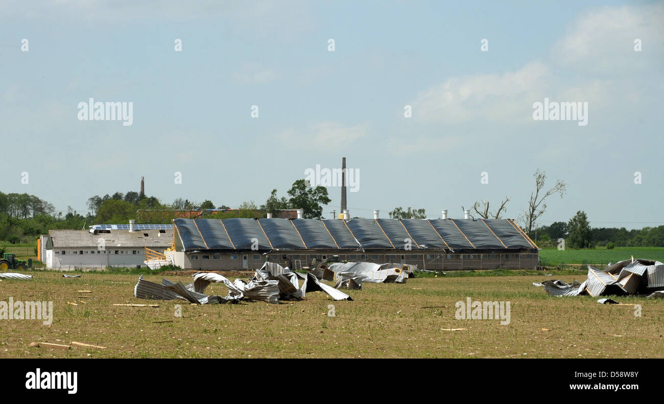 Parts of the roof of a pic stall lay spread out on a field in Liebersee, Germany, 25 May 2010. Storms and whirlwind caused severe damages in Brandenburg and Saxony on 24 May 2010. In several places, houses were damaged by the whirlwinds. Photo: PETER ENDIG Stock Photo