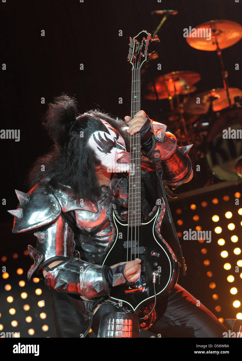 Musician Gene Simmons of US hard rock band Kiss perform during a concert at Arena Leipzig in Leipzig, Germany, 25 May 2010. The concert is the first of four concerts in Germany of the 'Sonic Boom over Europe Tour' during which Kiss presents their 19th studio album and older hits. Photo: Peter Endig Stock Photo