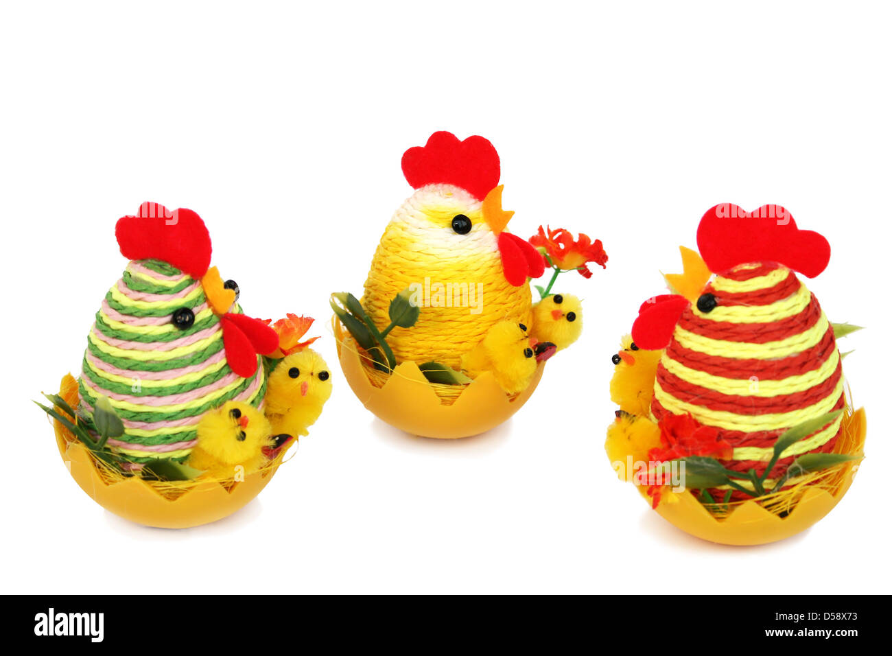 Easter setting with hens, chickens and eggs. Stock Photo