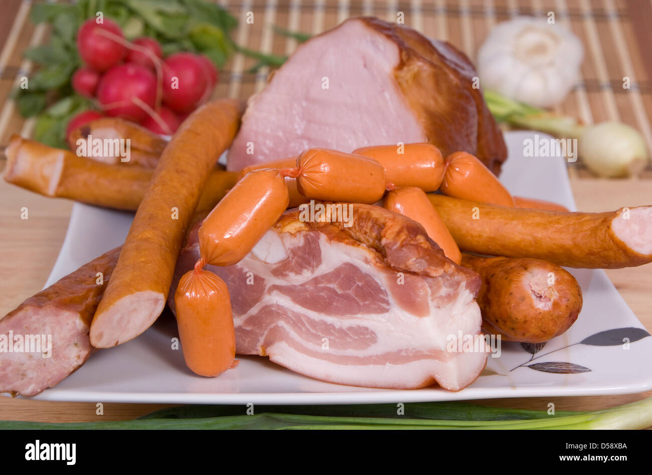 different species of hams and sausage on plate Stock Photo
