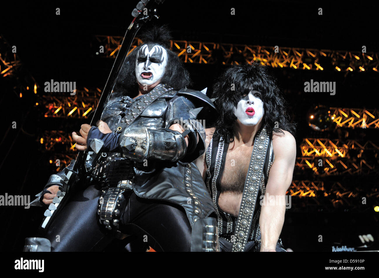 Gene Simmons (L) and Paul Stanley (R) of the rock band 'Kiss' perform during the rock music festival 'Rock am Ring' at the Nuerburgring, Germany, 03 June 2010. About 90 bands perform on three stages between 03 and 06 June 2010. Photo: Harald Tittel Stock Photo