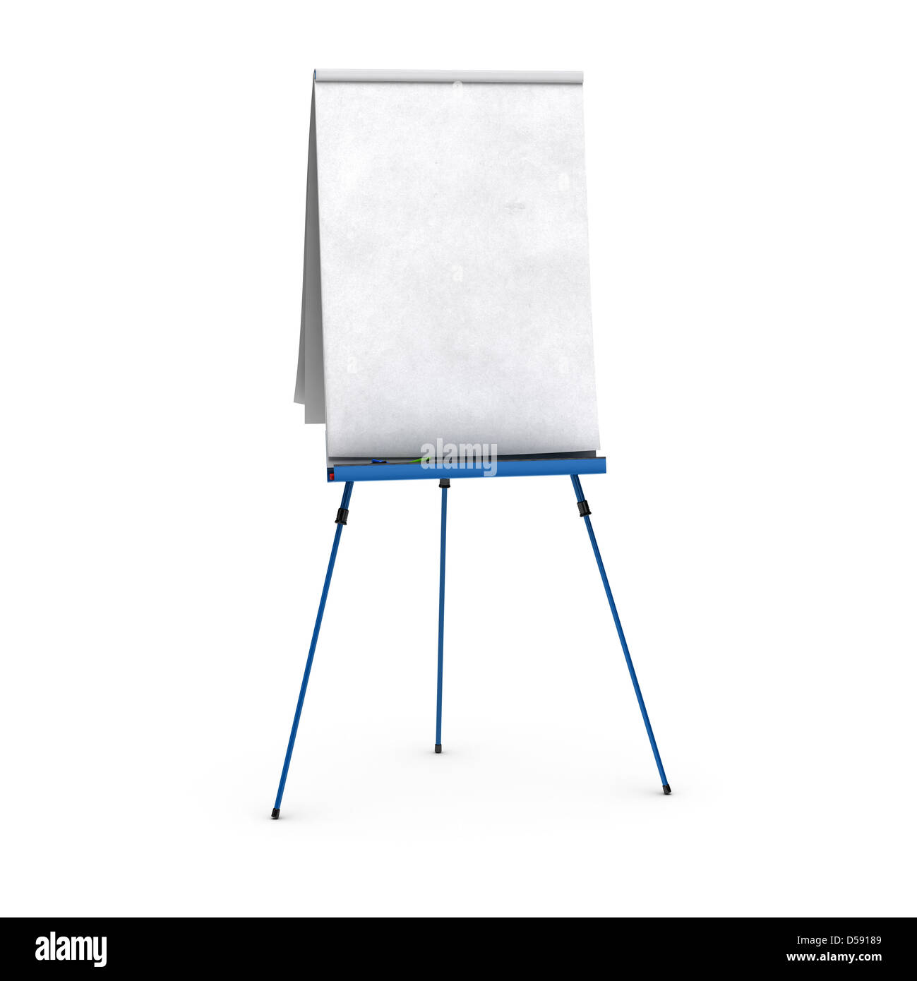 blank flipchart over white background view of the front side, with red, blue, and green pens, small shadows at the bottom Stock Photo
