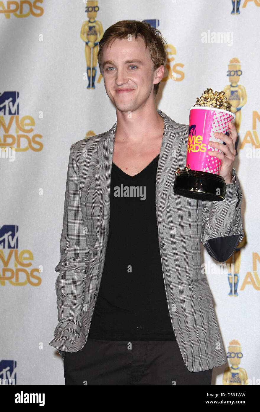 US actor Tom Felton holds his MTV Movie Award for Best Villain for his appearance in 'Harry Potter and the Half-Blood Prince' after the 2010 MTV Movie Awards at Gibson Amphitheatre at Universal Studies in Universal City, California, USA, 06 June 2010. The movies are nominated by producers and executives from MTV and the winners are chosen on-line by the general public. Photo: Huber Stock Photo