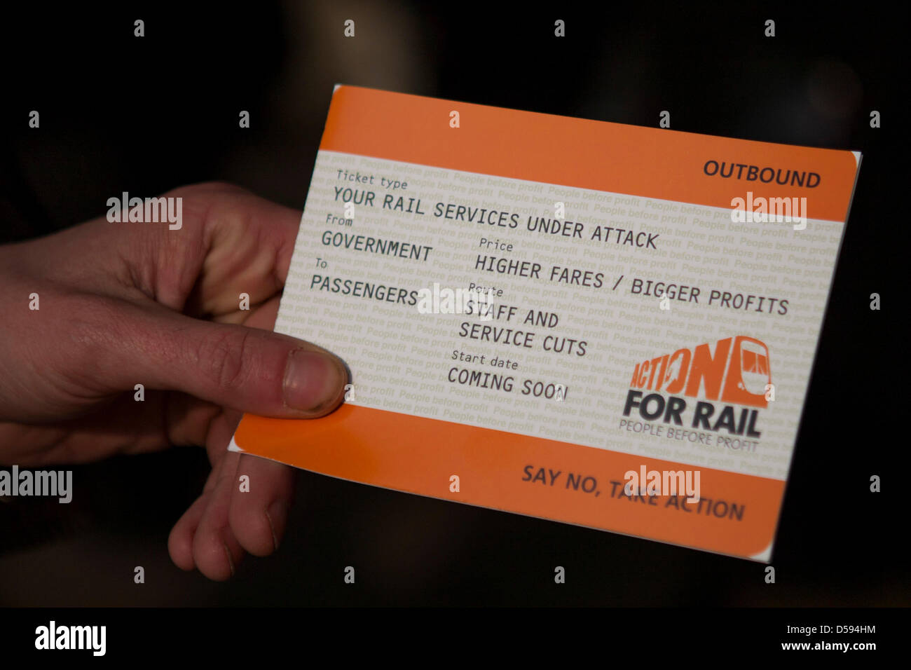 London, UK. 27th March 2013. Leaflet handed out by rail campaigners at Euston station to mark the fiftieth anniversary of the Beeching Report by holding protests at over 35 stations throughout the UK against planned new cuts to services and staff. The protests, organised by the TUC and rail union's Action for Rail campaign, come as train operating companies plan to cut staffing at stations and on trains, the union's say. Credit: martyn wheatley / Alamy Live News Stock Photo