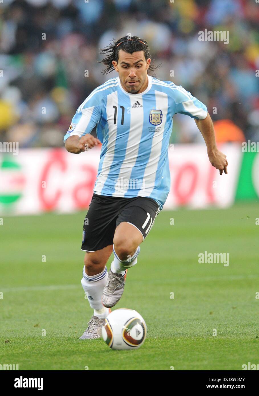 Argentina's Carlos Tevez controls the ball during the 2010 FIFA
