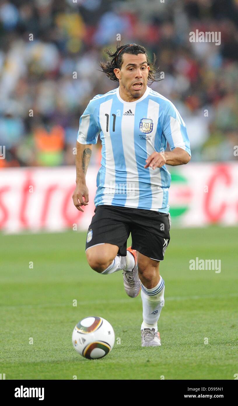 Argentina's Carlos Tevez controls the ball during the 2010 FIFA