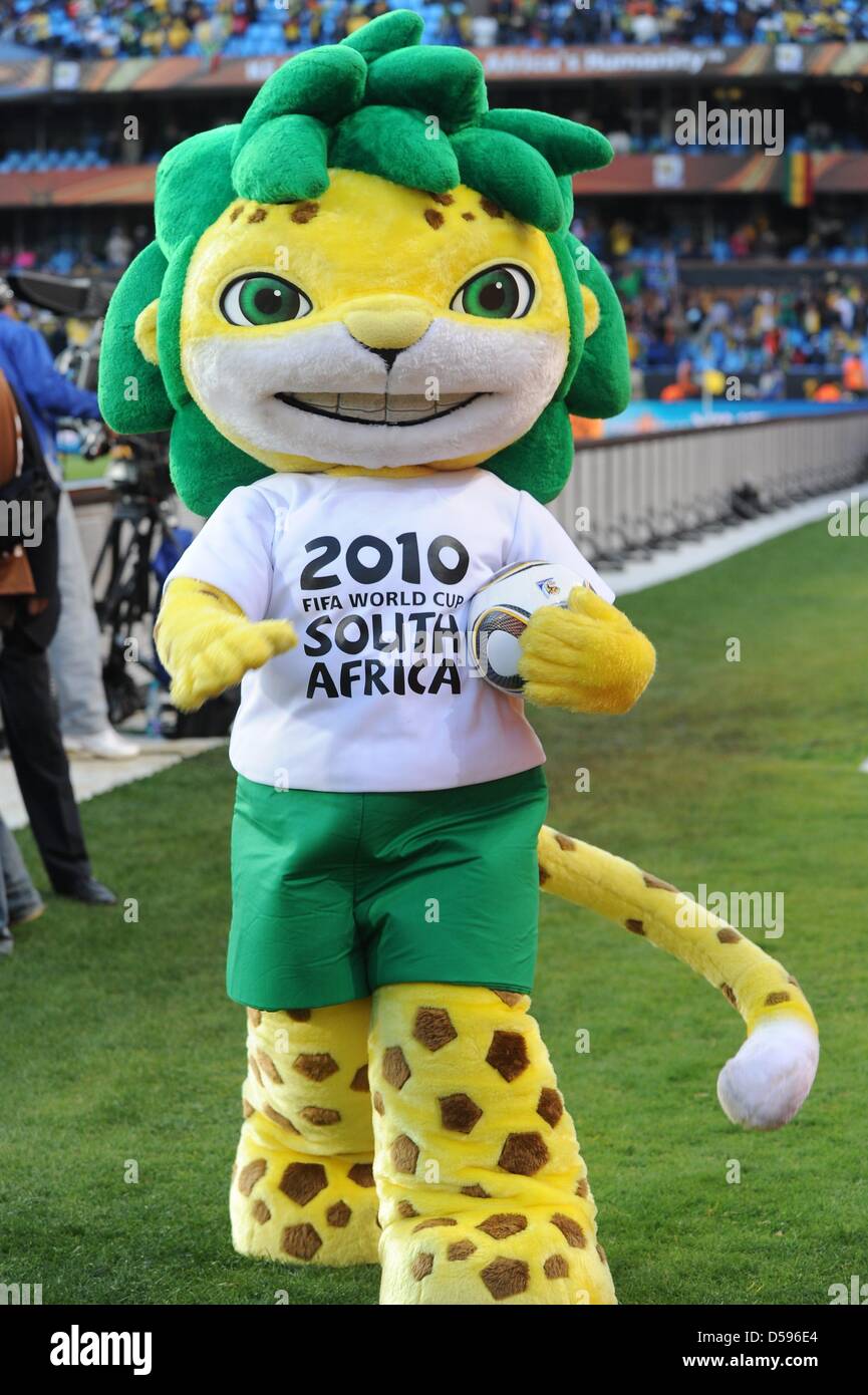 The official mascot Zakumi at the sideline during the 2010 FIFA World Cup group D match between Serbia and Ghana at Loftus Versfeld Stadium in Pretoria, South Africa, 13 June 2010. Photo: Achim Scheidemann - Please refer to http://dpaq.de/FIFA-WM2010-TC  +++(c) dpa - Bildfunk+++ Stock Photo