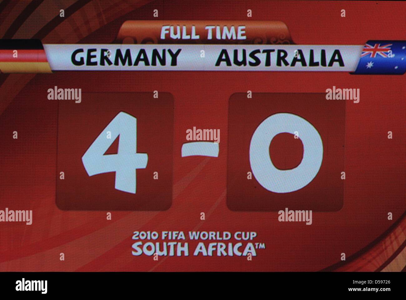 The scoreboard shows the match result after the 2010 FIFA World Cup group D match between Germany and Australia at Durban Stadium in Durban, South Africa 13 June 2010