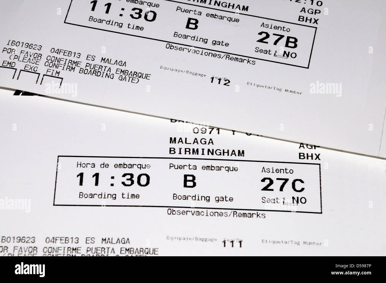 Two Spanish aircraft boarding passes. Stock Photo