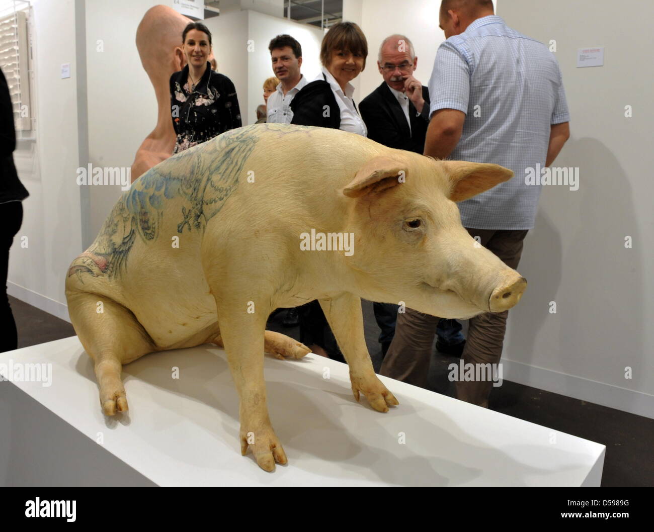 Visitors of the pre-viewing of the art fair ''Art 41'' look at the plastic 'Love' /Stuffed tatooed pig' by artist Wim Delvoye at a stand of gallery Sperone Westwater in Basel, Switzerland, 15 June 2010. On 16 June 2010 the international art fair ''Art 41'' will begin for the 41st time. Over 300 galleries from 37 countries show works of over 2500 artists of the 20th and 21st century Stock Photo