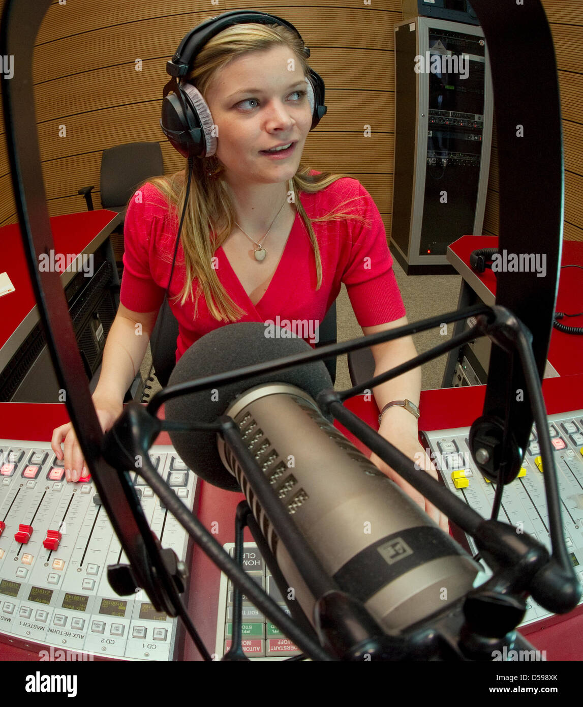Vera Wolfskaempf, radio station Mephisto 97.6 host and student of  journalism, prepares her morning broadcast show at the university of  Leipzig, Germany, 28 May 2010. The radio station celebrates its 15th  birthday