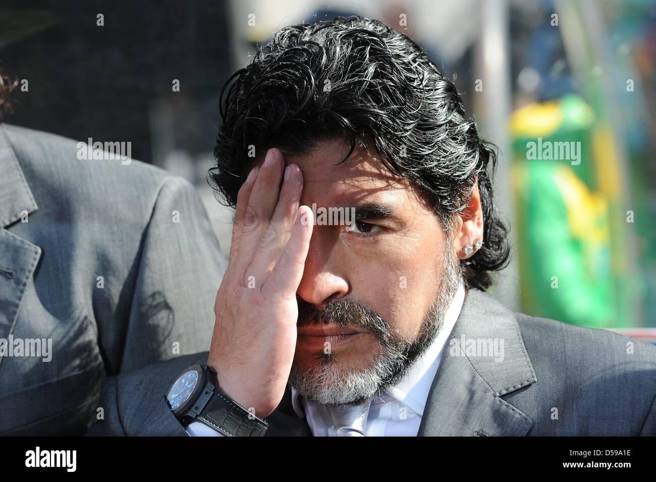 Argentina's coach Diego Armando Maradona at the bench prior to the 2010 FIFA World Cup group B match between Argentina and South Korea at Soccer City Stadium in Johannesburg, South Africa 17 June 2010. Photo: Achim Scheidemann - Please refer to http://dpaq.de/FIFA-WM2010-TC Stock Photo