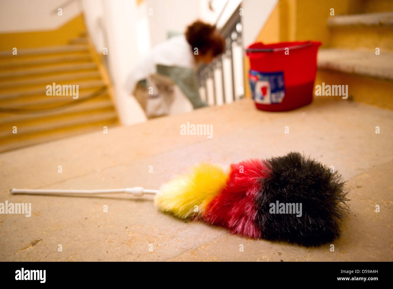 A staff memeber of Moritzburg palace cleans the rooms with a black-red-gold-coloured feather duster in Moreitzburg, Germany, 118 June 2010. Photo: Arno Burgi Stock Photo