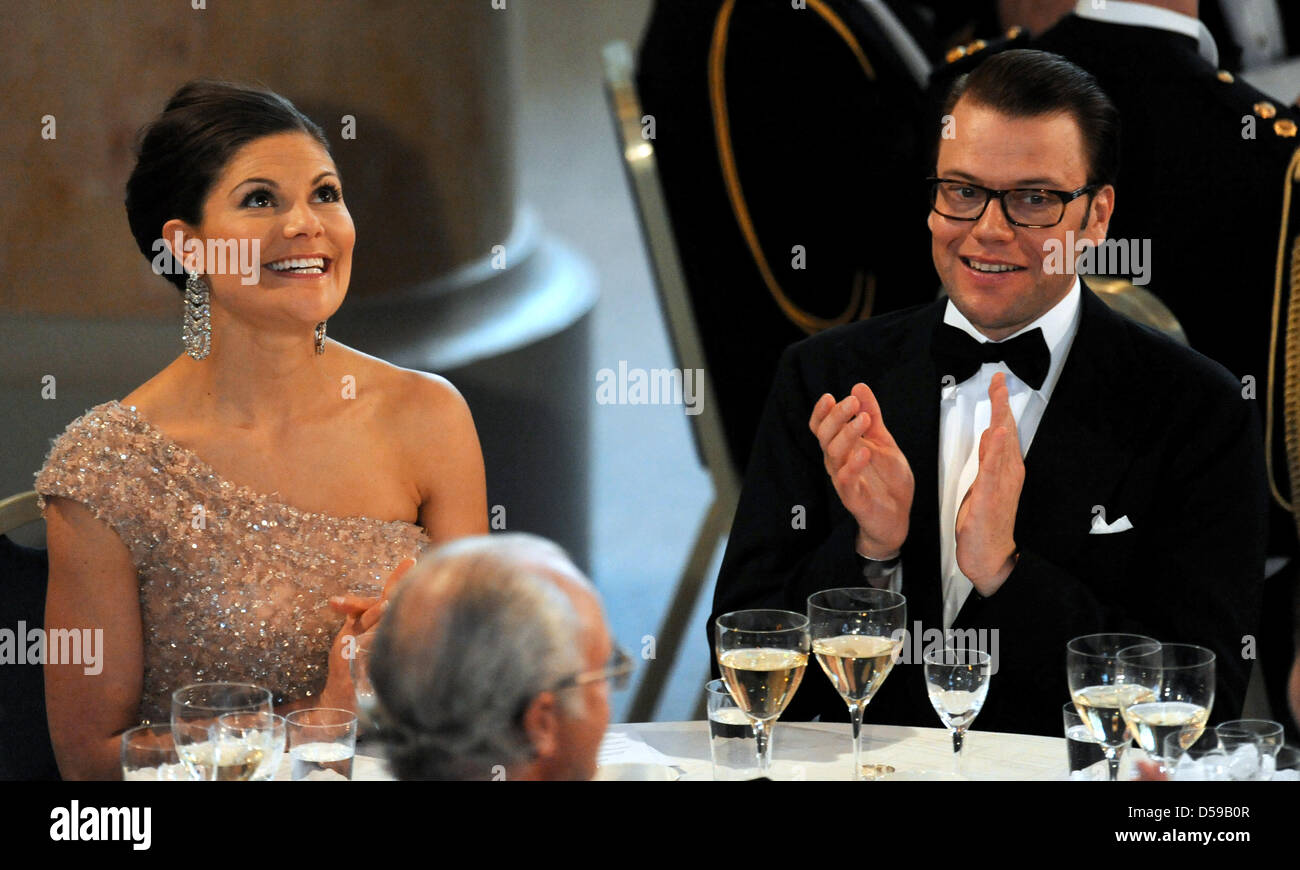 Crown Princess Victoria of Sweden and her husband-to-be Daniel Westling celebrate at the goverment dinner at the Eric Ericson Hall in Skeppsholmen, one of the islands of Stockholm, on the occasion of the wedding of Crown Princess Victoria of Sweden and Daniel Westling, Stockholm, Sweden, June 18, 2010. The wedding ceremony will take place on June 19, 2010. Photo: Jochen Luebke Stock Photo