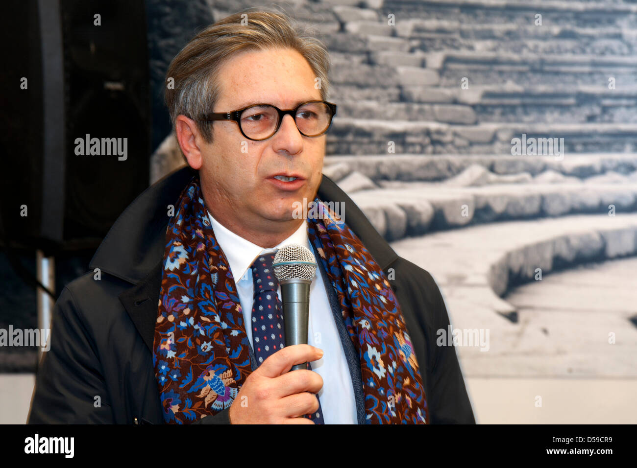 Pompeji mayor Claudio D'Alessio at a press conference on 17 March 2013 starting a campaign for waste seperation at the historic sites of Pompeji and at the Vesuv national park. Stock Photo