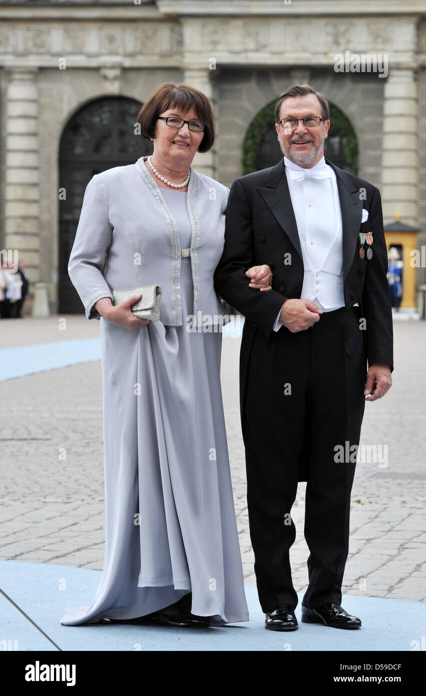 The parents of the groom, Olle and Eva Westling arrive for the wedding of  Crown Princess