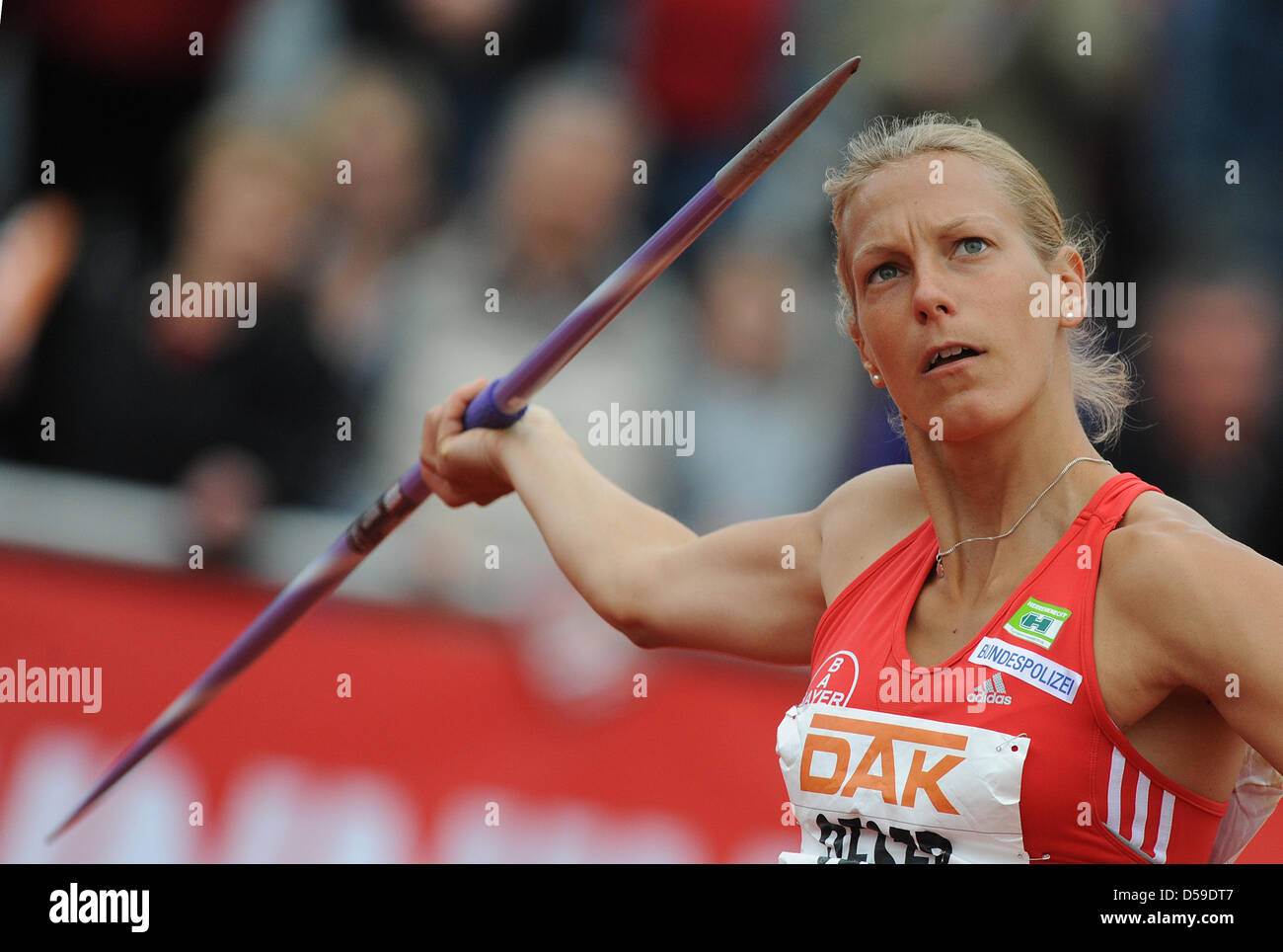 German heptathlete Jennifer Oeser throws the javelin during the World Combined Event in Ratingen, Germany, 20 June 2010. Photo: Joerg Carstensen Stock Photo