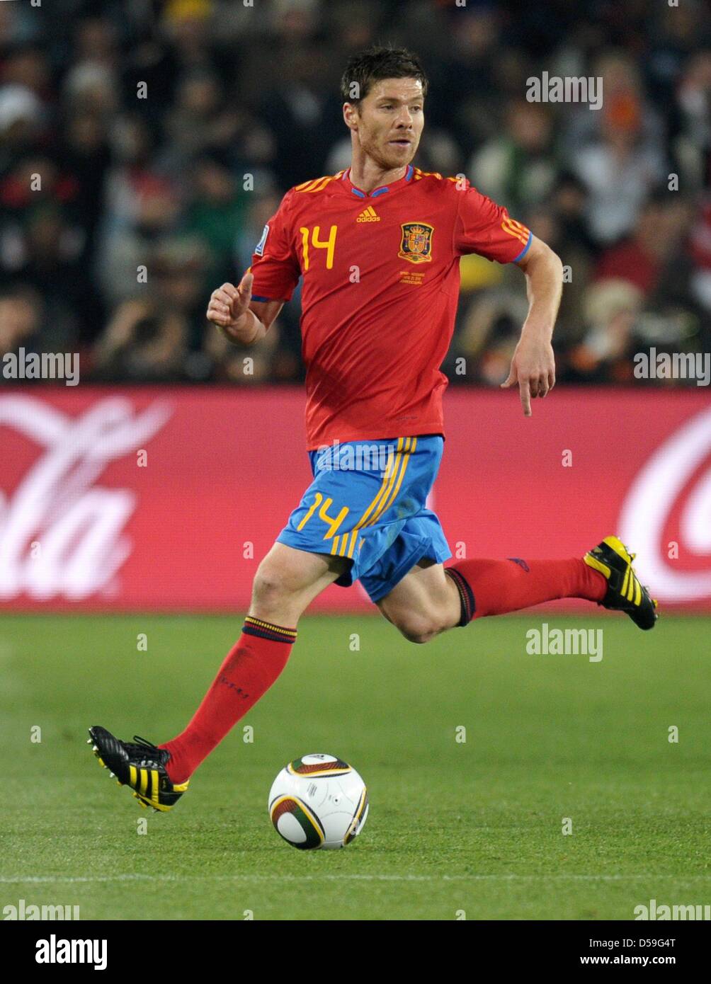 Xabi Alonso of Spain controls the ball during the FIFA World Cup 2010 group  H match between Spain and Honduras at the Ellis Park Stadium in  Johannesburg, South Africa 21 June 2010.