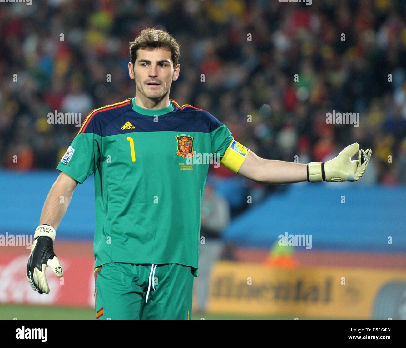 Goalkeeper Iker Casillas of Spain gestures during the FIFA World Cup 2010  group H match between Spain and Honduras at the Ellis Park Stadium in  Johannesburg, South Africa 21 June 2010. Photo: