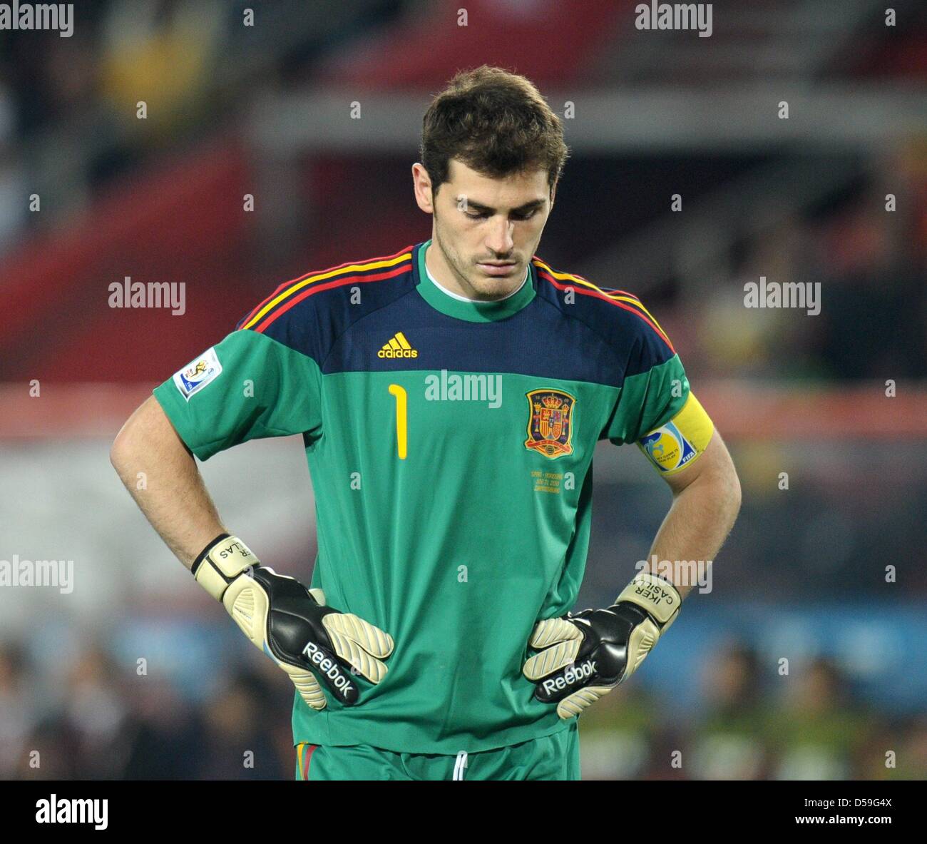 Goalkeeper Iker Casillas of Spain gestures during the FIFA World Cup 2010  group H match between Spain and Honduras at the Ellis Park Stadium in  Johannesburg, South Africa 21 June 2010. Photo: