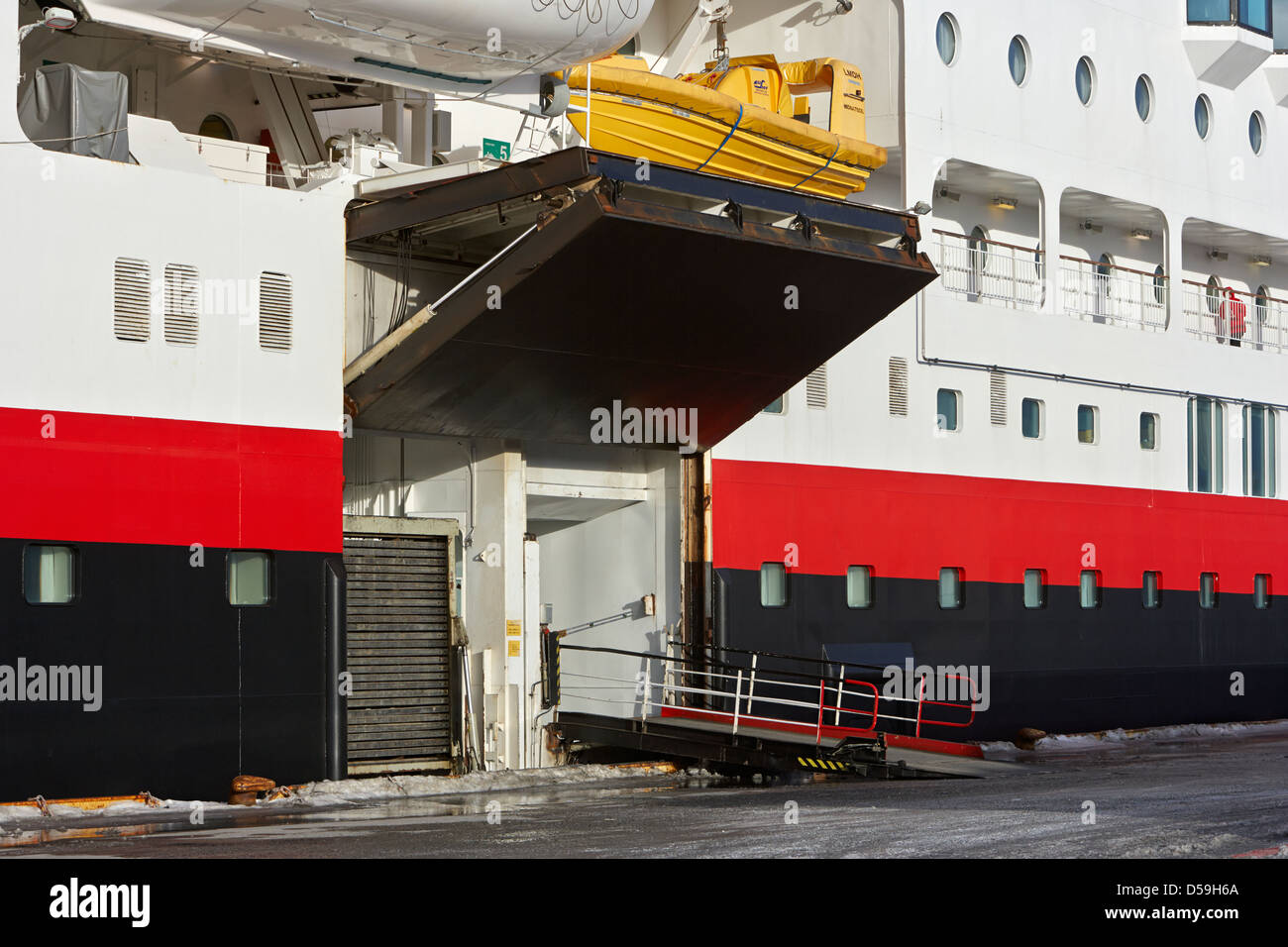 freight vehicle loading bay hurtigruten ship mv midnatsol berthed in kirkenes finnmark norway europe Stock Photo