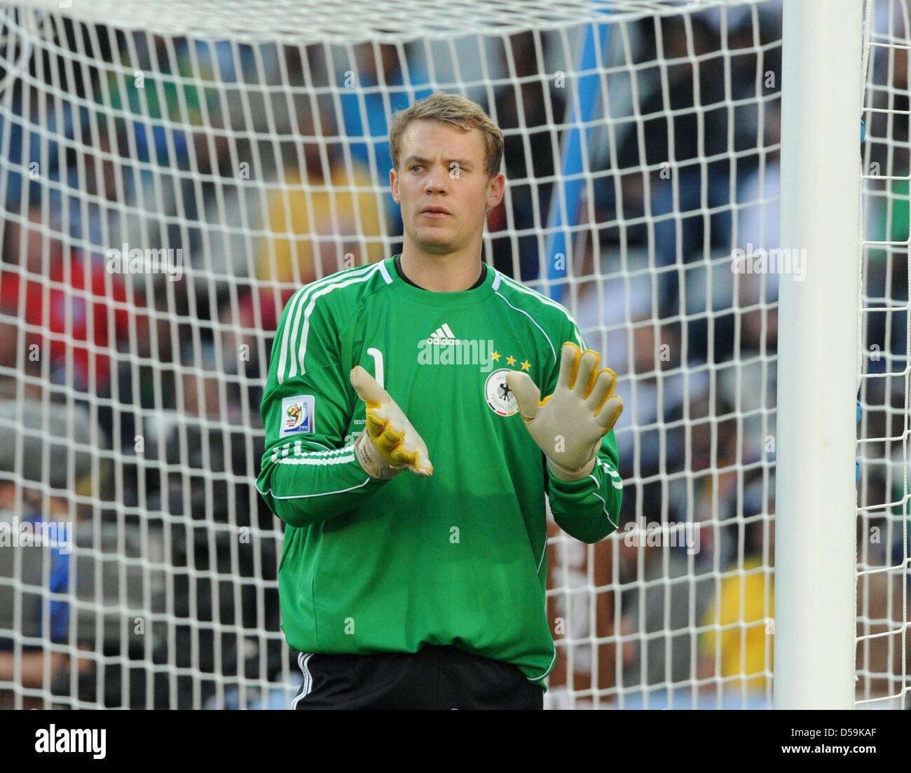 Germany's goalkeeper Manuel Neuer gestures during the 2010 FIFA World Cup Round of Sixteen match between Germany and England at the Free State Stadium in Bloemfontein, South Africa 27 June 2010. Photo: Marcus Brandt dpa - Please refer to http://dpaq.de/FIFA-WM2010-TC  +++(c) dpa - Bildfunk+++ Stock Photo