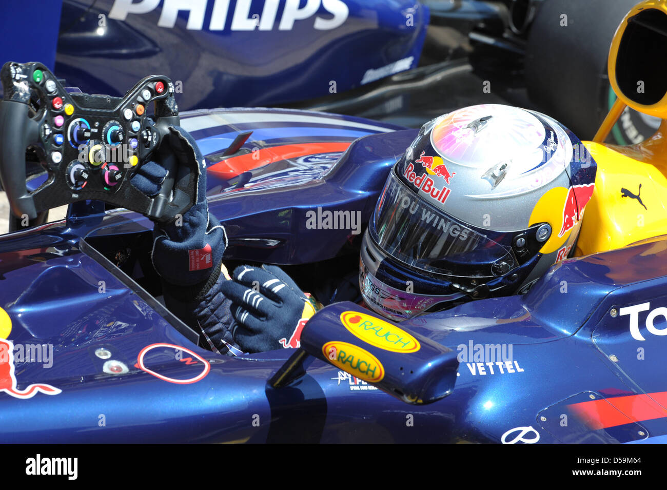 German driver Sebastian Vettel of Red Bull Racing celebrates his pole position after Qualifying at the street circuit of Valencia, Spain, 26 June 2010. The 2010 Formula 1 Grand Prix of Europe was held on 27 June. Photo: David Ebener Stock Photo