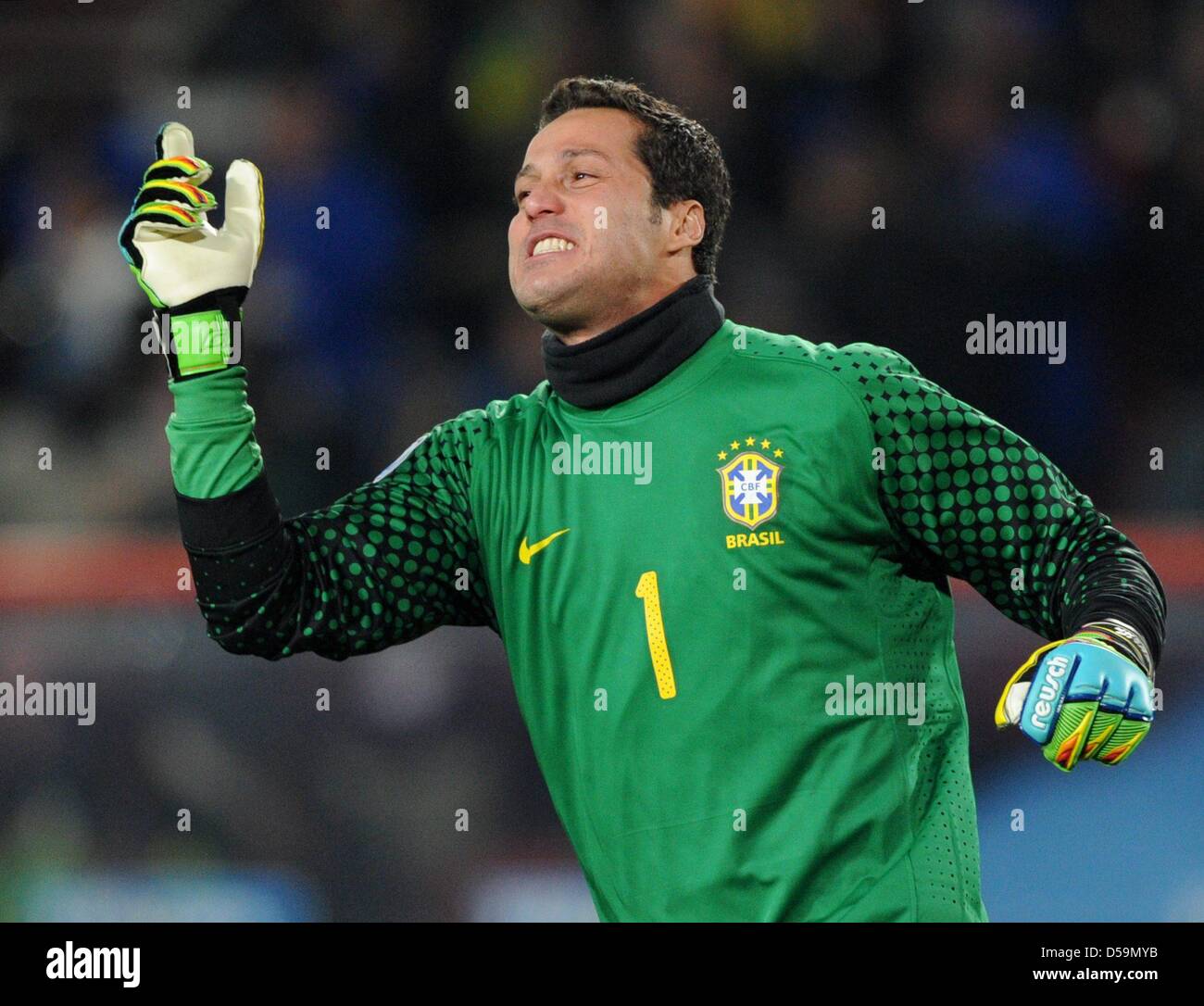 Brazil's goalkeeper Julio Cesar celebrates during the 2010 FIFA World Cup Round of Sixteen match between Brazil and Chile at the Ellis Park Stadium in Johannesburg, South Africa 28 June 2010. Photo: Marcus Brandt dpa - Please refer to http://dpaq.de/FIFA-WM2010-TC  +++(c) dpa - Bildfunk+++ Stock Photo