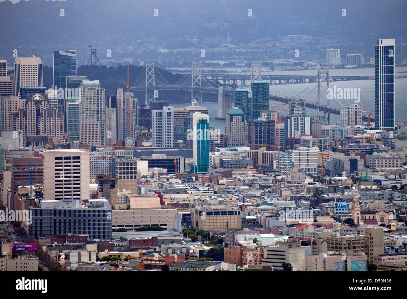 Downtown and Bay Bridge seen from Twin Peaks, San Francisco, California, United States of America, USA Stock Photo