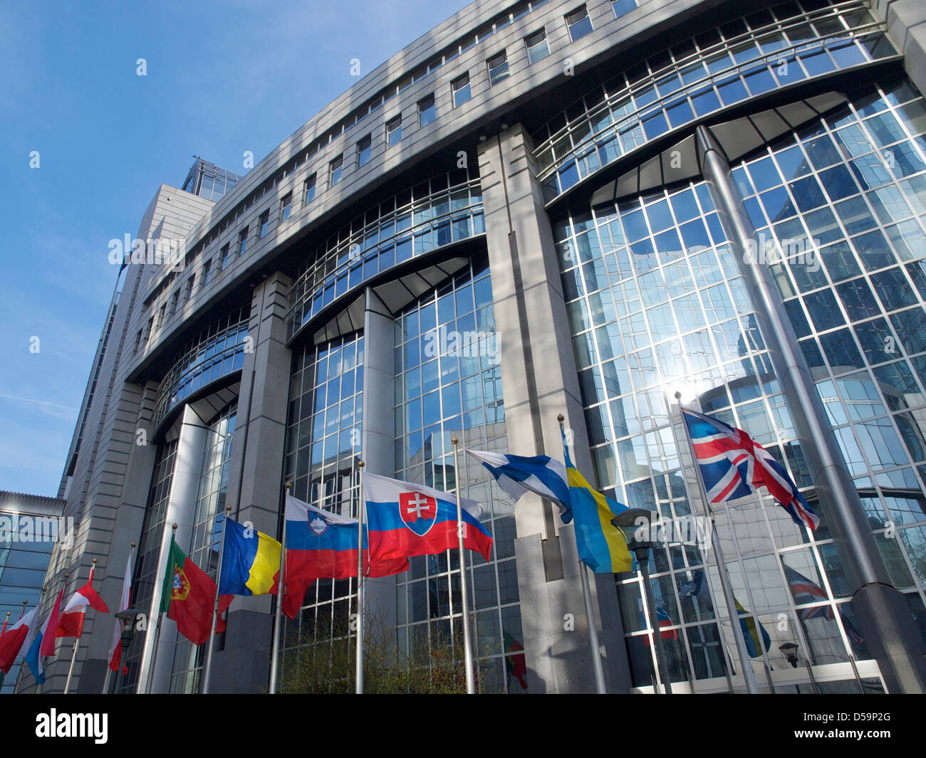 various national flags at the European Parliament building in Brussels, Belgium Stock Photo