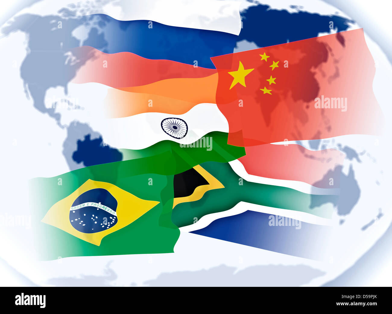 Illustration on BRICS States with national flags and world map Stock Photo