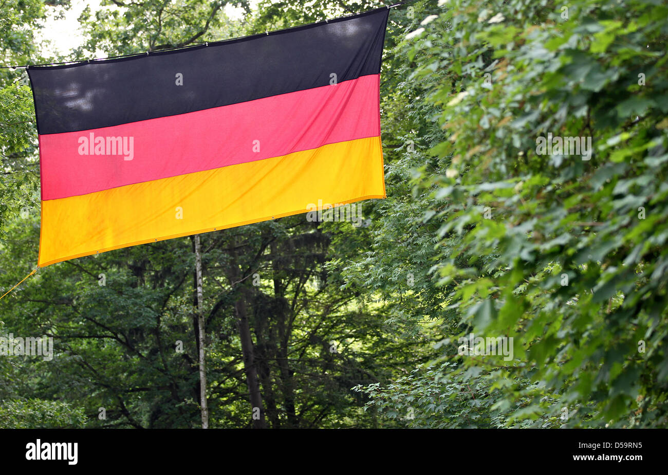 A German flag is placed between trees above a small street in Jocketa (Vogtland), Germany, 01 July 2010. The german national team will challenge Argentina in the quarter-finals of the Soccer World Cup, South Africa, on 03 July 2010. Photo Jan Woitas/Isn Stock Photo