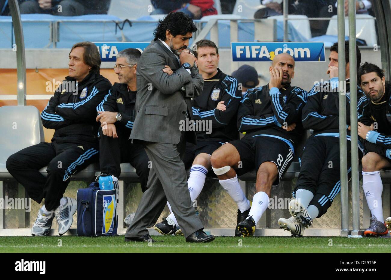Argentina's coach Diego Armando Maradona during the 2010 FIFA World Cup quarterfinal match between Argentina and Germany at the Green Point Stadium in Cape Town, South Africa 03 July 2010. Photo: Marcus Brandt dpa - Please refer to http://dpaq.de/FIFA-WM2010-TC  +++(c) dpa - Bildfunk+++ Stock Photo
