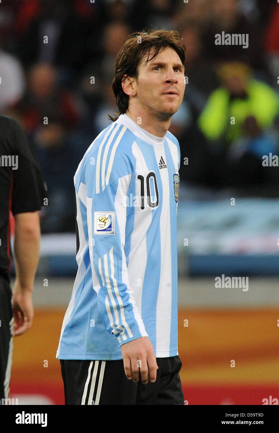 Argentina's Lionel Messi reacts after the 2010 FIFA World Cup quarterfinal match between Argentina and Germany at the Green Point Stadium in Cape Town, South Africa 03 July 2010. Photo: Marcus Brandt dpa - Please refer to http://dpaq.de/FIFA-WM2010-TC  +++(c) dpa - Bildfunk+++ Stock Photo