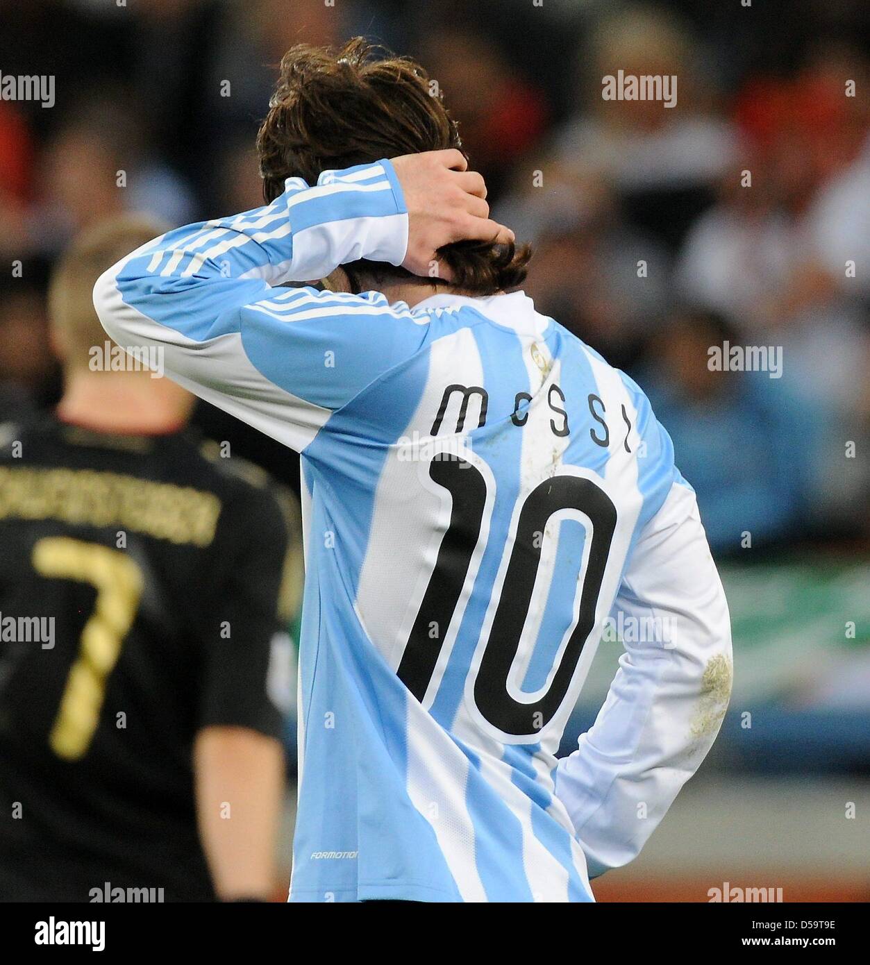 Argentina's Lionel Messi reacts after the 2010 FIFA World Cup quarterfinal match between Argentina and Germany at the Green Point Stadium in Cape Town, South Africa 03 July 2010. Photo: Marcus Brandt dpa - Please refer to http://dpaq.de/FIFA-WM2010-TC  +++(c) dpa - Bildfunk+++ Stock Photo