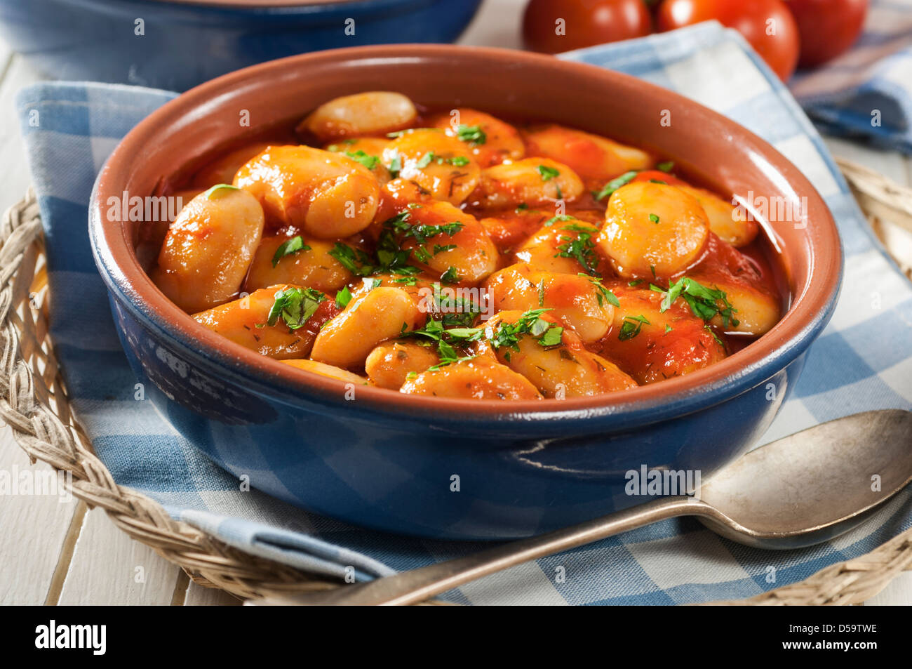 Gigantes plaki Large white beans in tomato sauce Greece Food Stock Photo