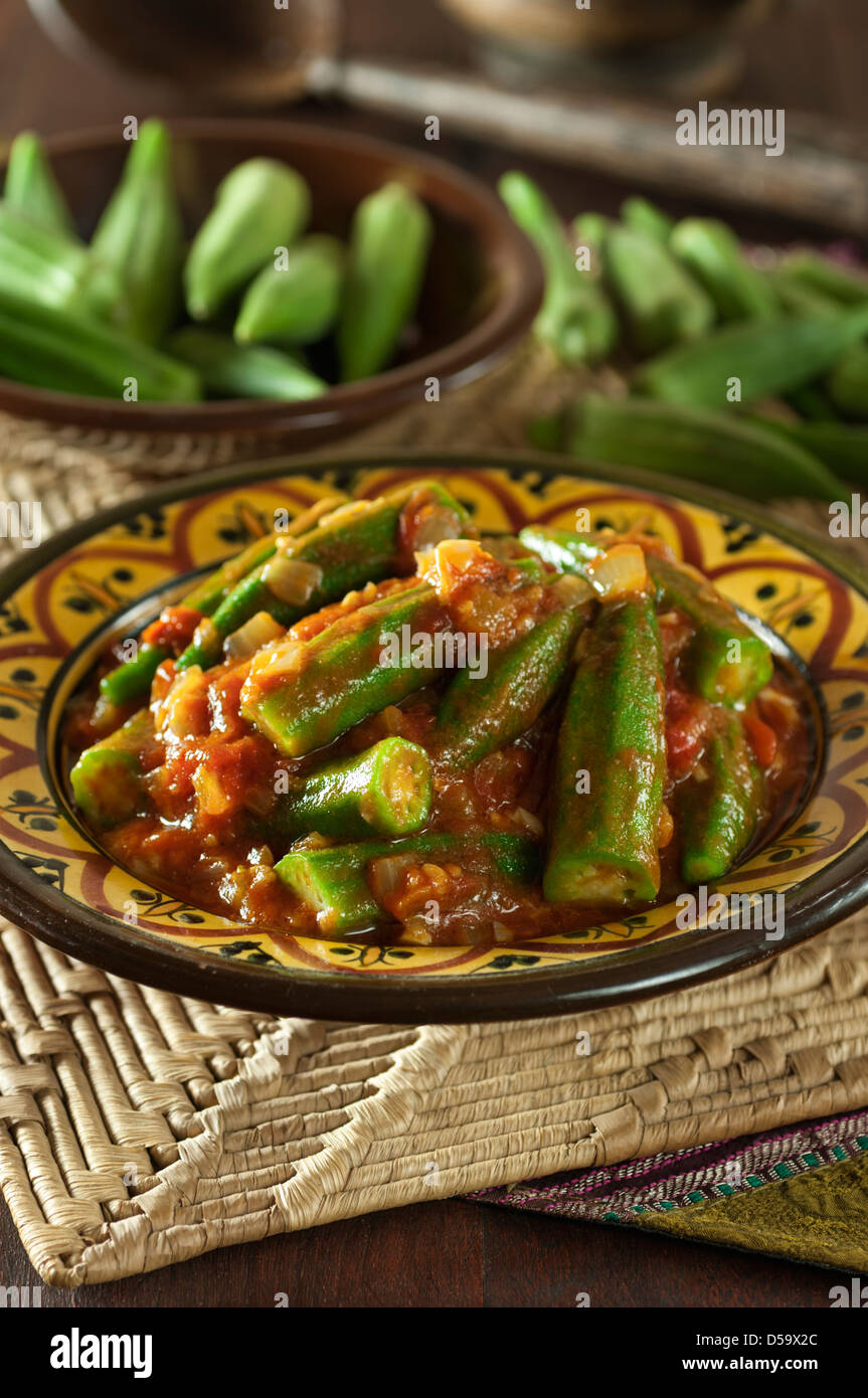 Bamia okra stew in spicy tomato sauce Stock Photo